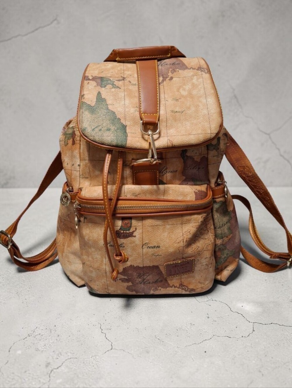 B. Angel Vintage- Map Print Drawstring Backpack in Brown Nwot